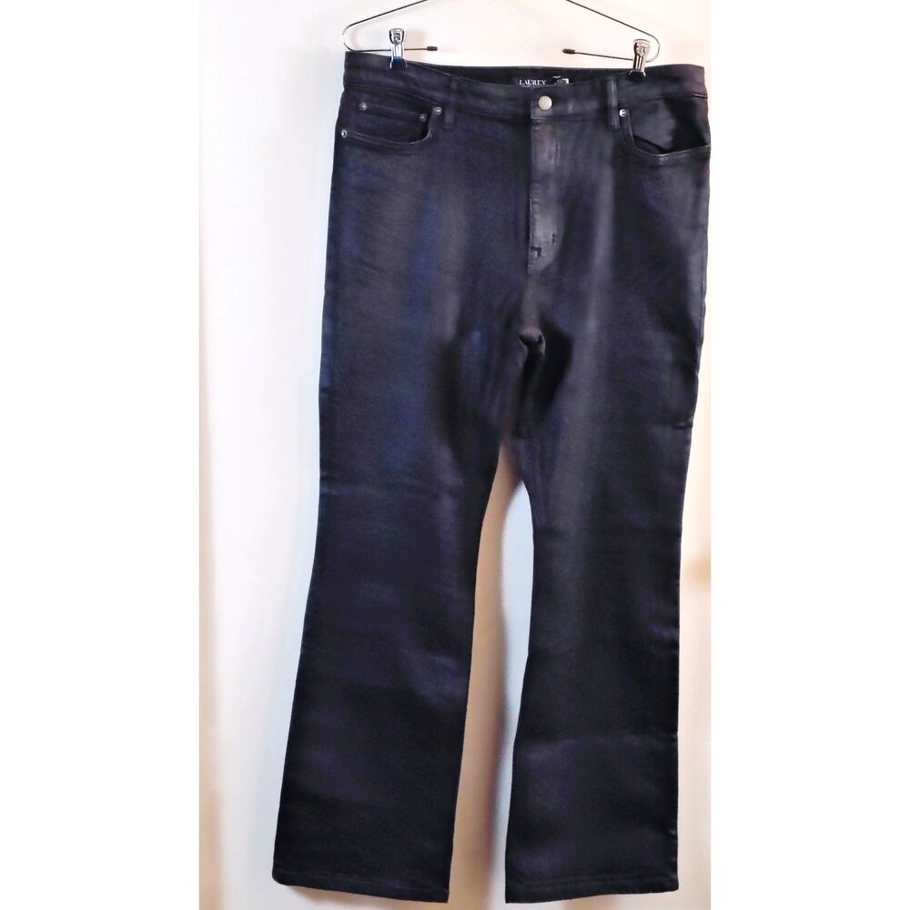 Lauren Ralph Lauren Coated Black Jeans 16 Waxed Leather Look Wide LRL 5 Pocket - Picture 4 of 12